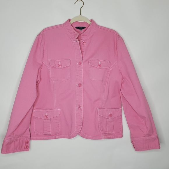 Lands' End Pink Denim Utility Jacket Size XL/18-20 Pockets Cotton Stretch Casual - Picture 1 of 14